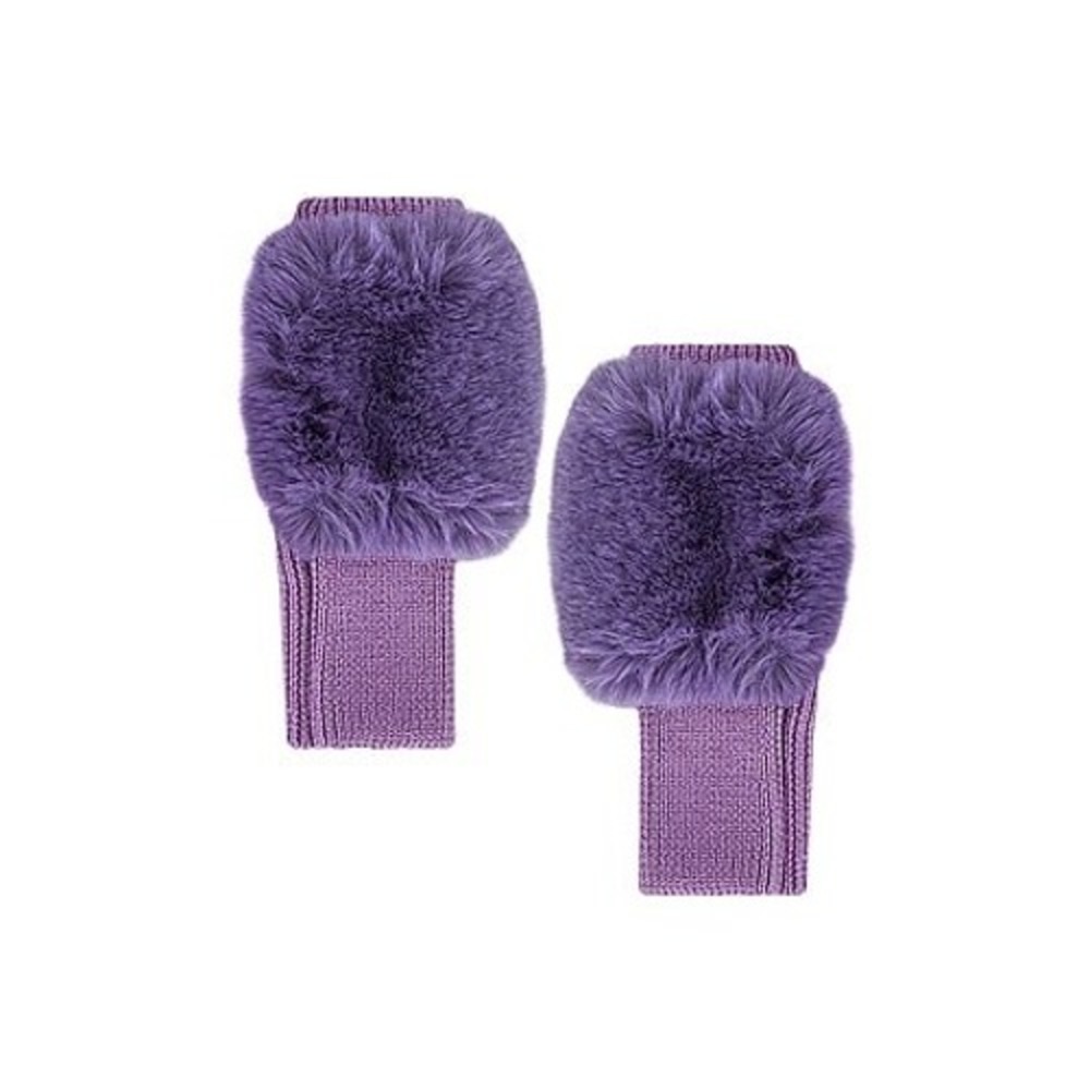 Jocelyn Purple Real Rabbit Fur Trim Ribbed Knit Fingerless Gloves Arm Warmers OS